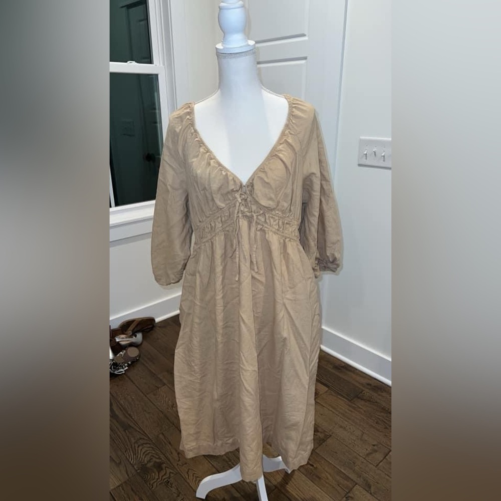 Universal Thread Khaki Tan Tie-Front 3/4 Puff Sleeve Midi Dress